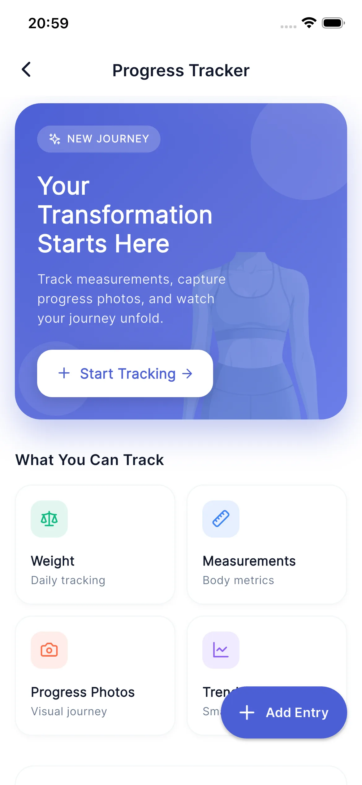 Progress tracker for weight, measurements and progress photos